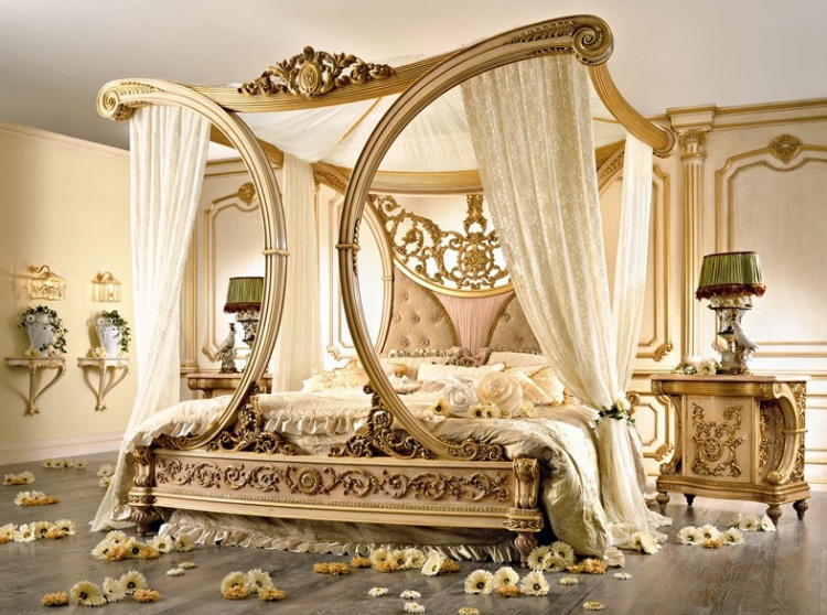 Double bed with canopy on a frame of solid wood Raffles, Riva Mobili d'arte