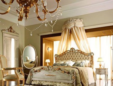 Bed with a frame made of solid wood, upholstery of textile fabric and decoration of gold foil Andrea Fanfani, Andrea Fanfani