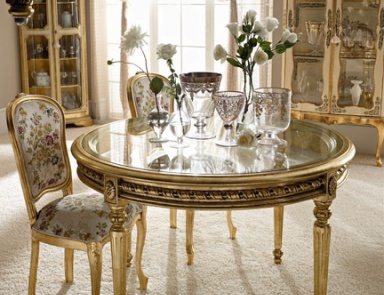 Dining table with frame in solid wood, top made of glass and d?cor from gold foil Andrea Fanfani, Andrea Fanfani