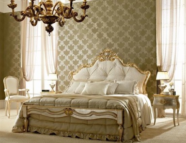 Double bed with frame made of solid wood, fabric and d?cor made of gold foil Andrea Fanfani, Andrea Fanfani