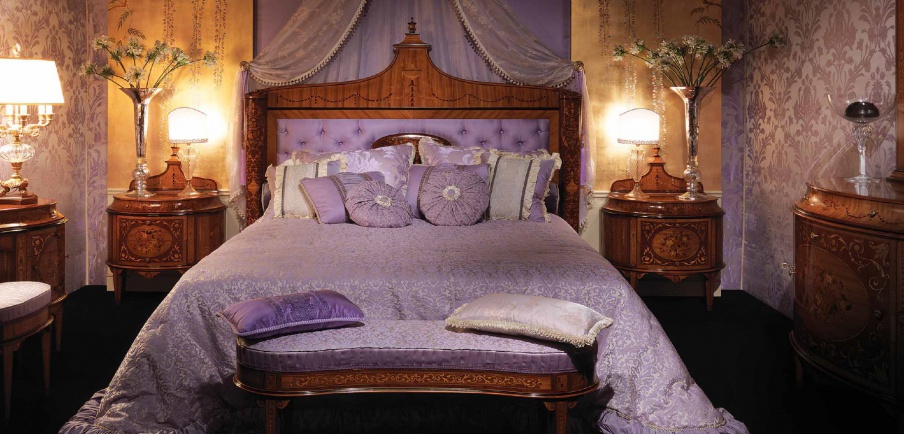 Maggiolini Style bed with high headboard on a frame of wood covered ...