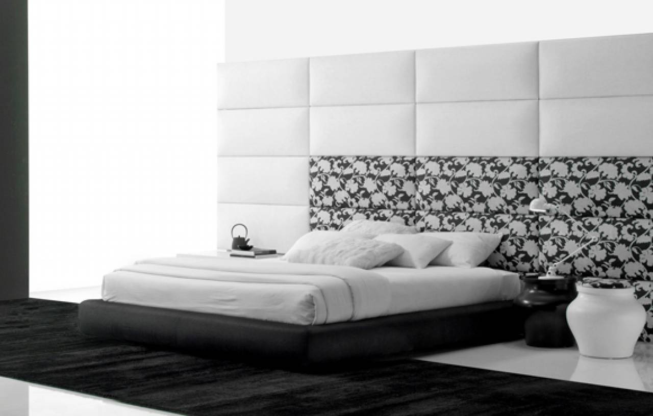 Modern style canapé bed for bedroom-leaf Somier-upholstered wooden  structure-black and white Parisian