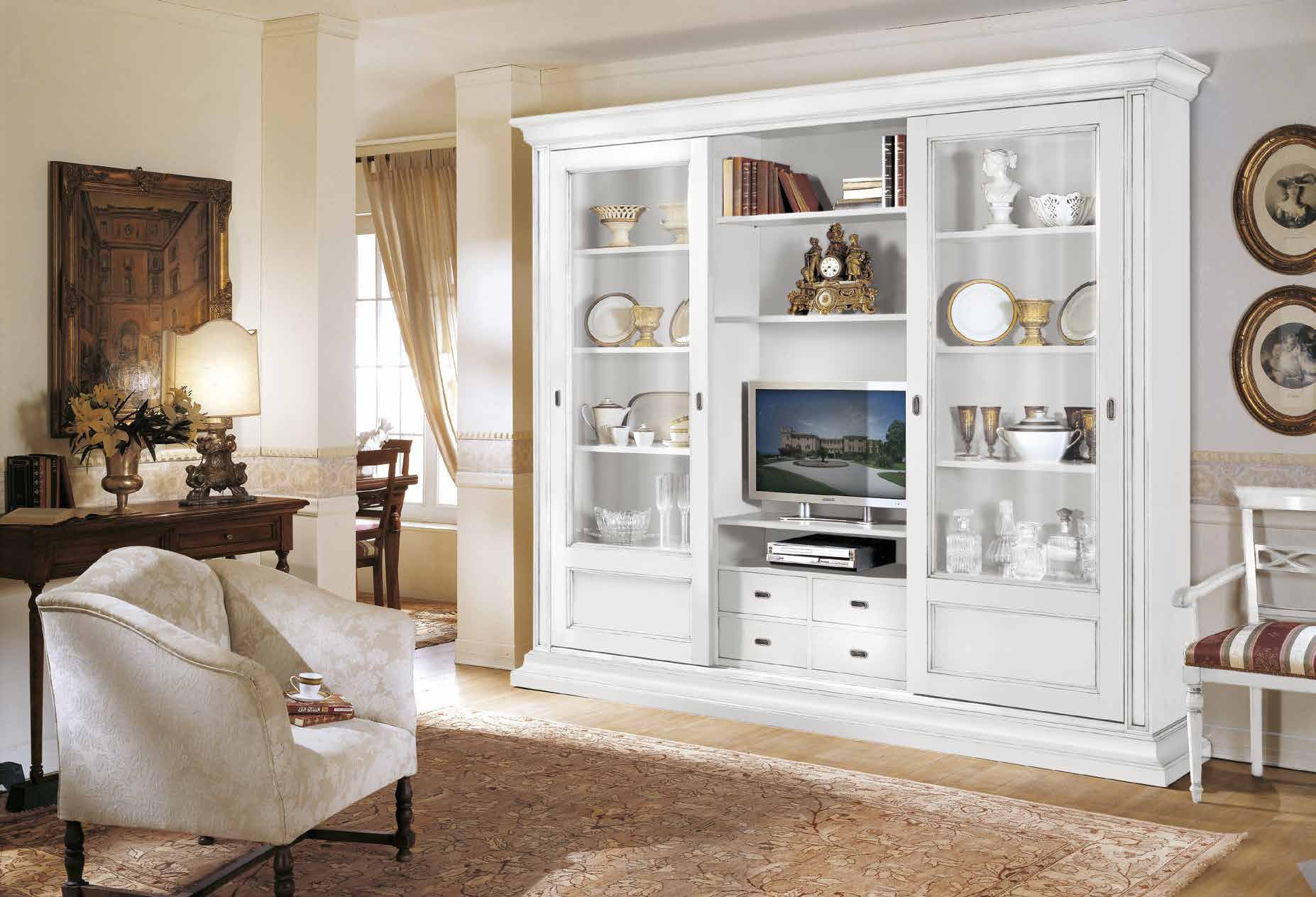 Rack for TV in white lacquer with 4 drawers Stile, Style Arve - Luxury  furniture MR